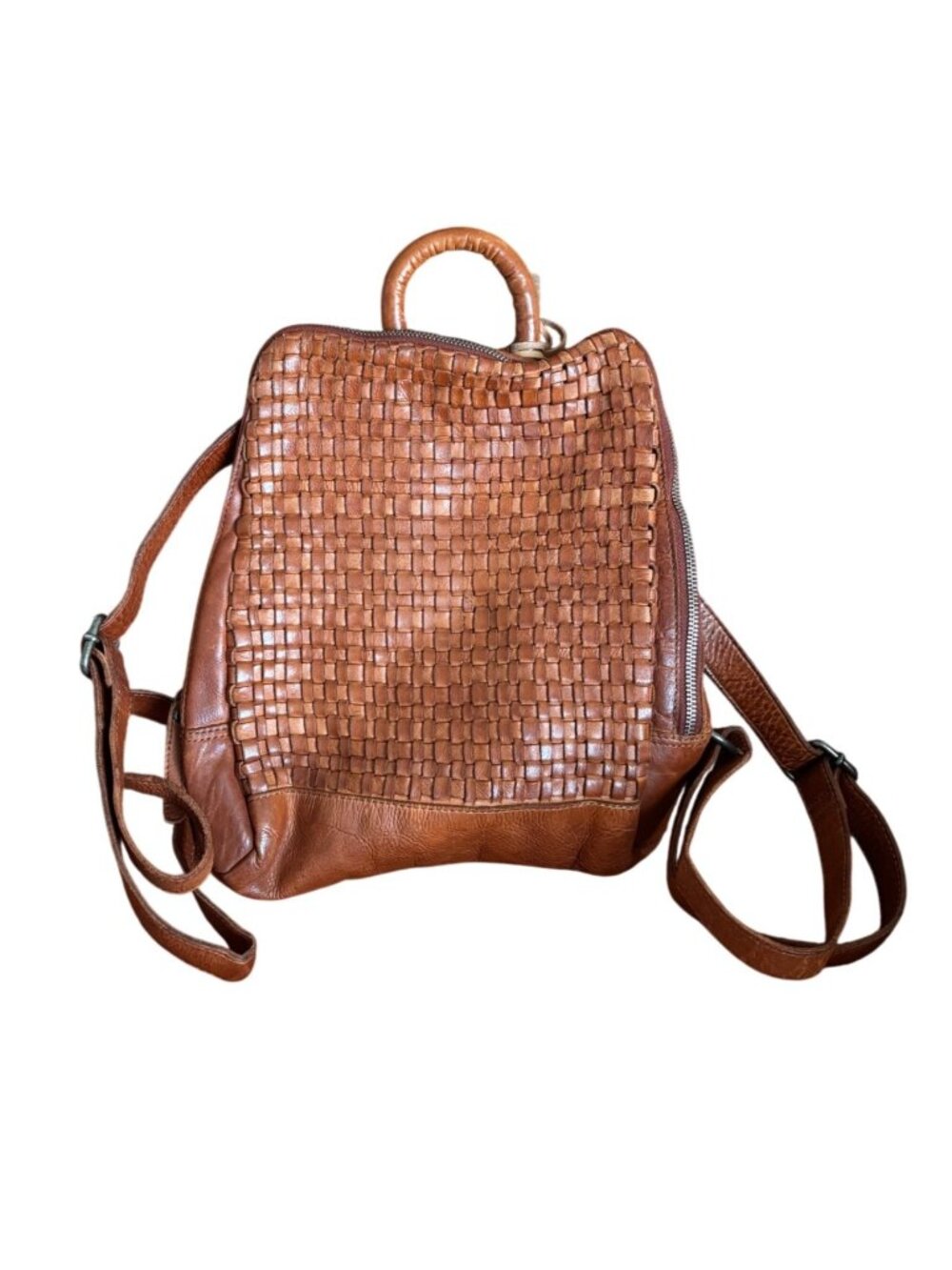 Vilenca Holland Emilia Woven Genuine Leather Woven Backpack Cognac Brown